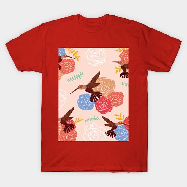 Hummingbird Pattern - Cute Floral Print Design T-Shirt by Art Like Wow Designs